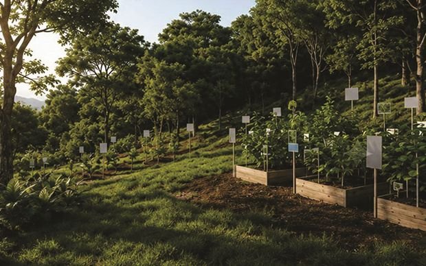 Render de vivero y plantaciones en ladera