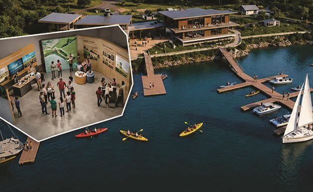 Render del nodo ecoturístico con muelles, kayaks y velero